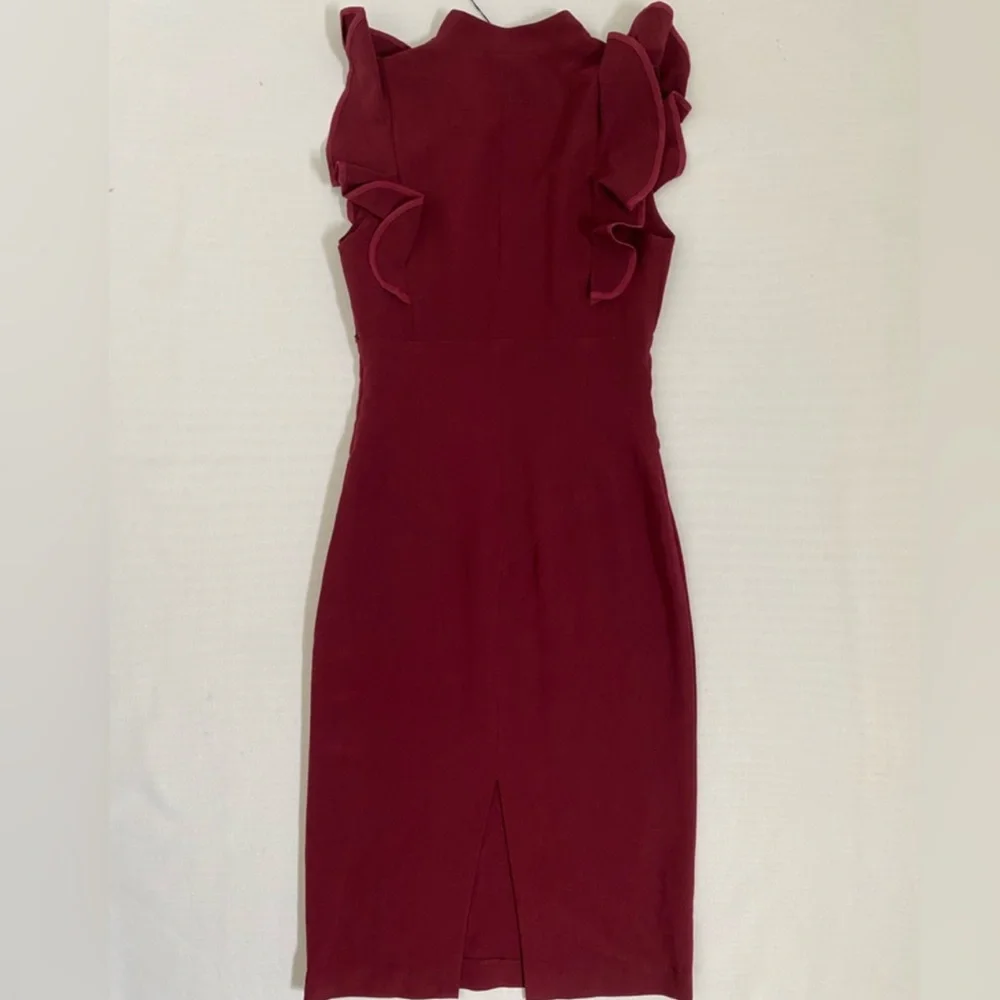 🎉HOST PICK✨Black Halo Wine Keyhole Slit Ruffle Sleeve Eva dress cocktail midi - Picture 10 of 11